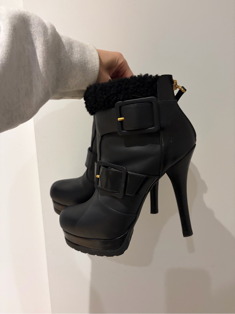 Fendi Black Leather Platform Ankle Boots with Buckle and Shearling Cuff